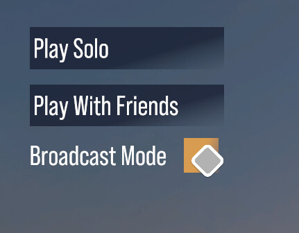 Un écran de sélection indiquant « Jouer en solo », « Jouer avec des amis » et un pointeur placé sur la case à cocher « Mode Diffusion ».